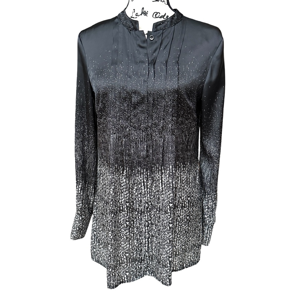 Tuzzi Black Silver Button Down Blouse Elegant Silky Long Sleeve Size 6